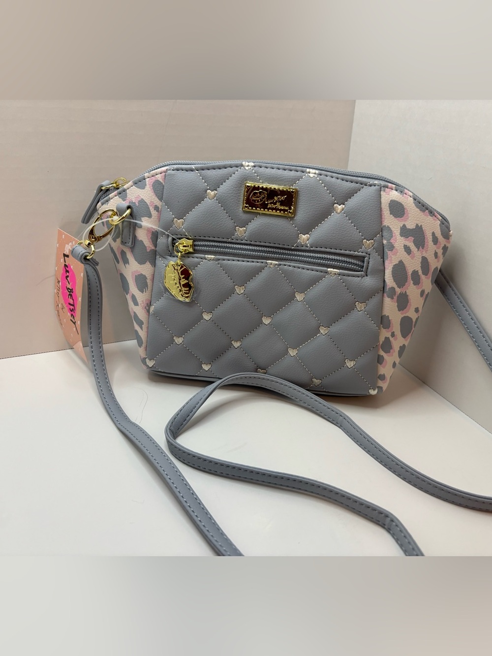 Luv Betsey Johnson Light blue Crossbody Bag with White/Pink Leopard/hearts Print
